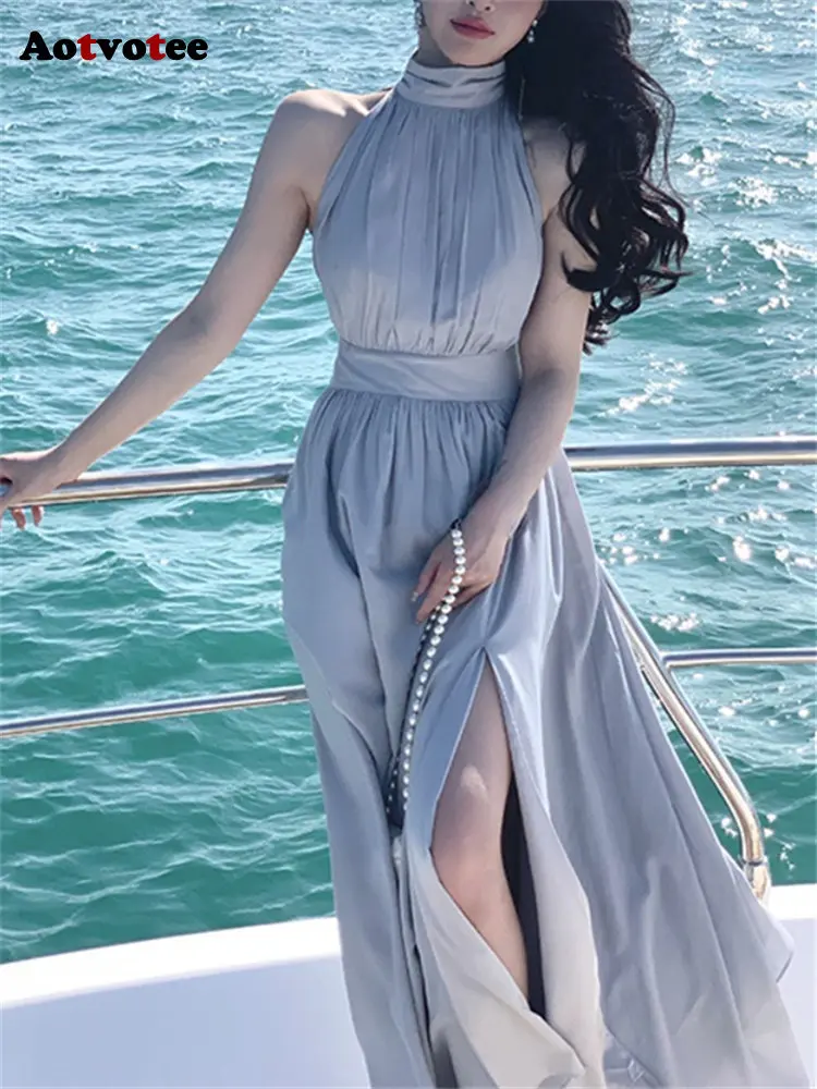 

Aotvotee White Dress for Women New Elegant Sleeveless Half High Collar High Waisted Long Dresses French Style Split Sexy Dress