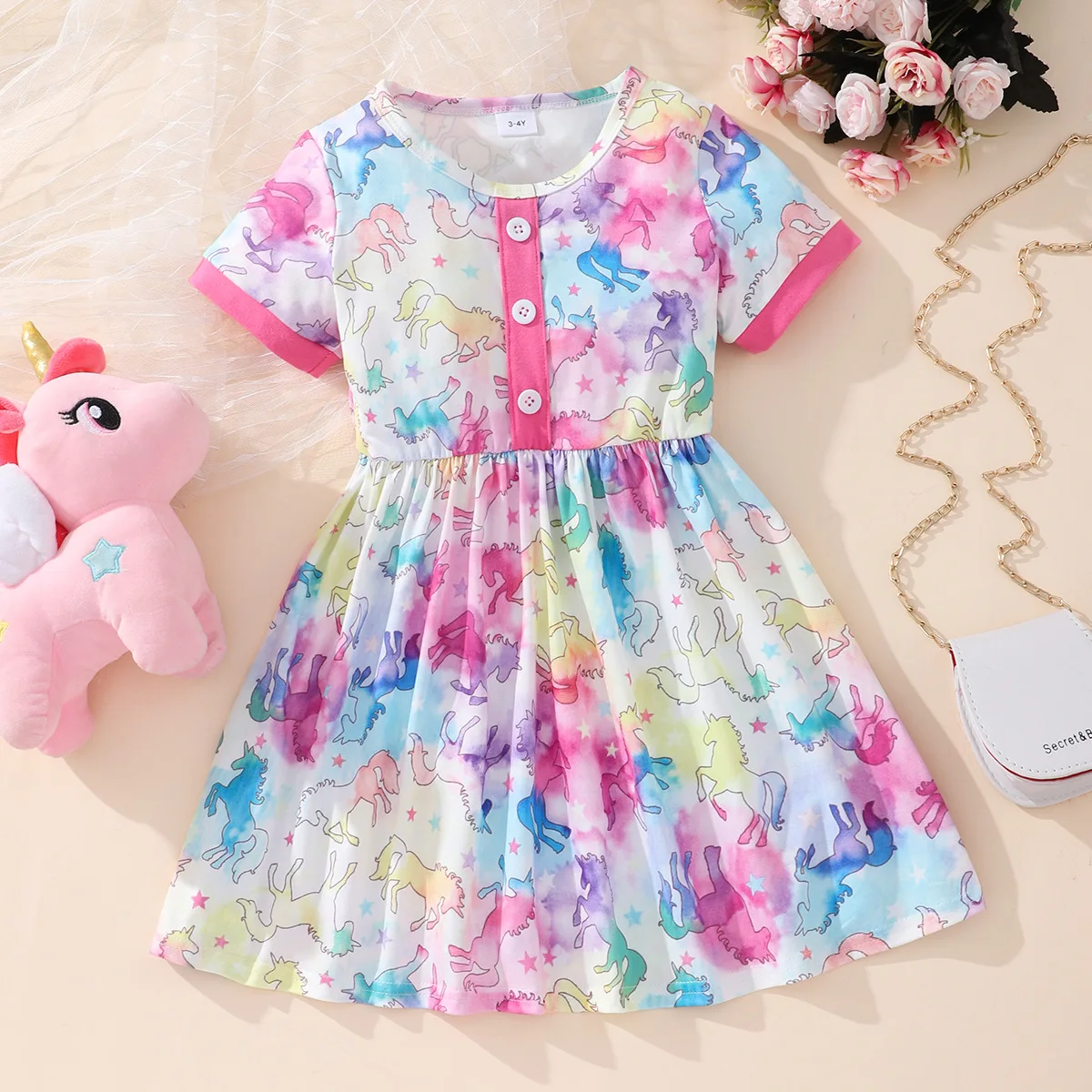 

Summer Kids Girls Dresses For Toddler Short Sleeves Button Unicorn Dress Fashion Children Girl Sunflower Clothes Outfits 3-8T