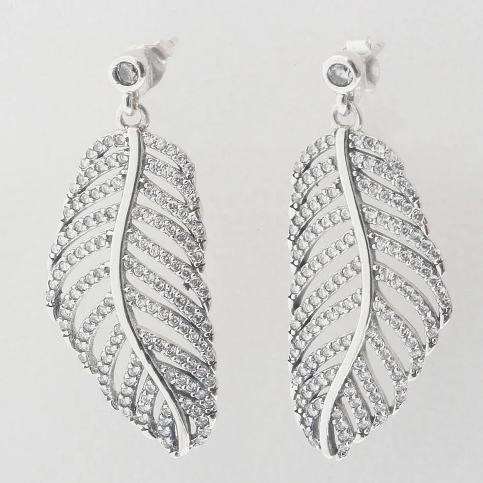 

Statement Feathers With Crystal Stud Earring For Women Authentic S925 Sterling Silver Jewelry Lady Girl Birthday Gift