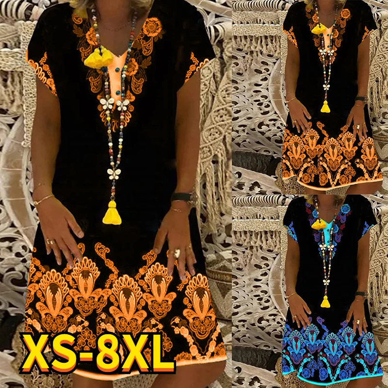 

2022 Summer Elegant Women's Floral Theme Printed Painting V Neck Casual Fashion Dress Knee Length Dress New 8XL