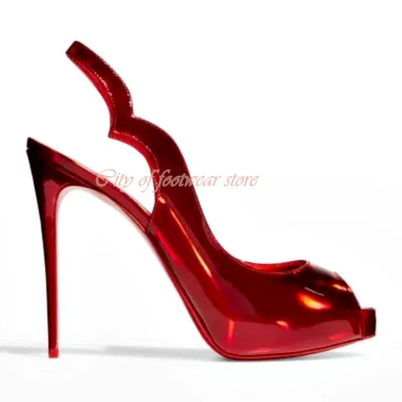 

Элегантные стильные туфли-лодочки на платформе с открытым носком на высоком каблуке, популярные туфли-лодочки цыпленка из лакированной кож...