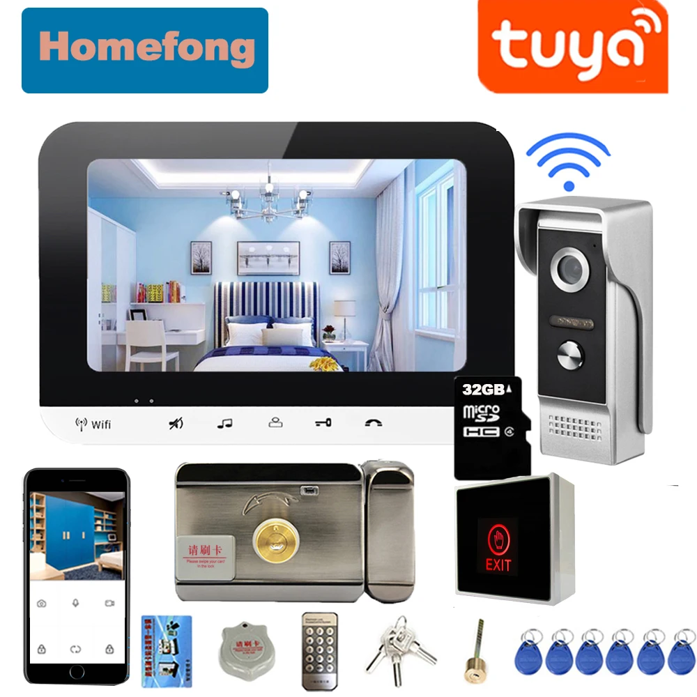 

Homefong 7 Inch Home Intercom System Wifi WIreless Video Door Phone Door Open Unlock Doorbell with Camera SD Card Record Motion