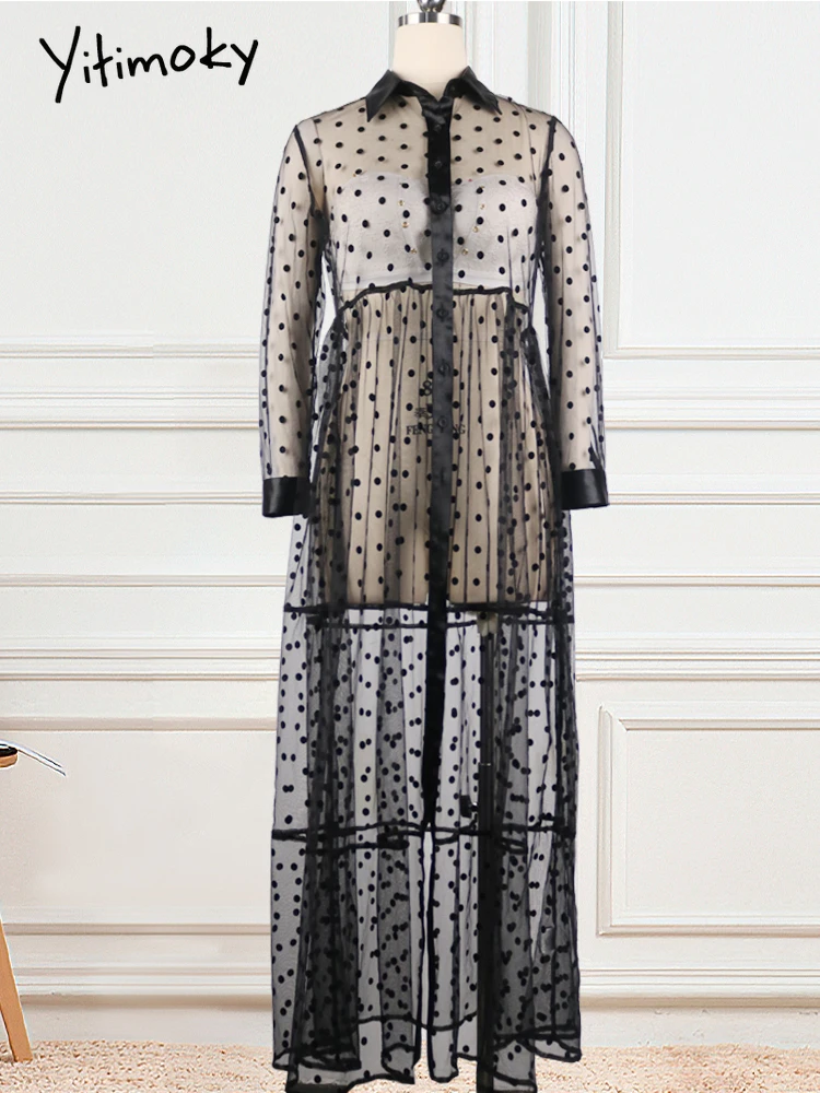 Yitimoky женское длинное Сетчатое платье-рубашка в горошек прозрачное черное