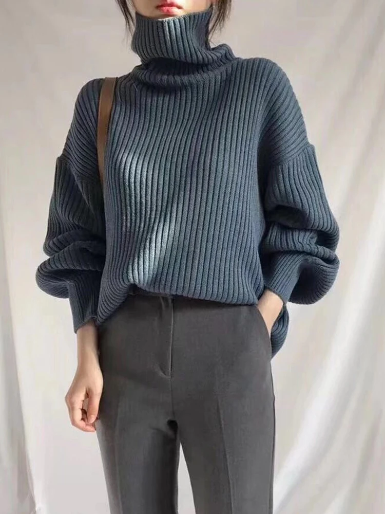 

Осенне-зимние свитера с высоким воротником, Женские винтажные корейские модные плотные теплые вязаные свитера, повседневные свободные пуловеры большого размера, женские пуловеры