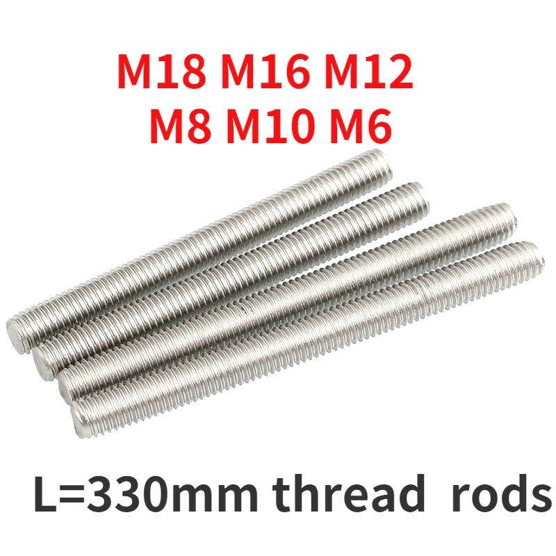 

DIN975 Threaded Rod Full-Thread Bar Screw A2 304 Stainless Steel Fasteners Silver M6 M8 M10 M12 M16 Length 330mm High Quality