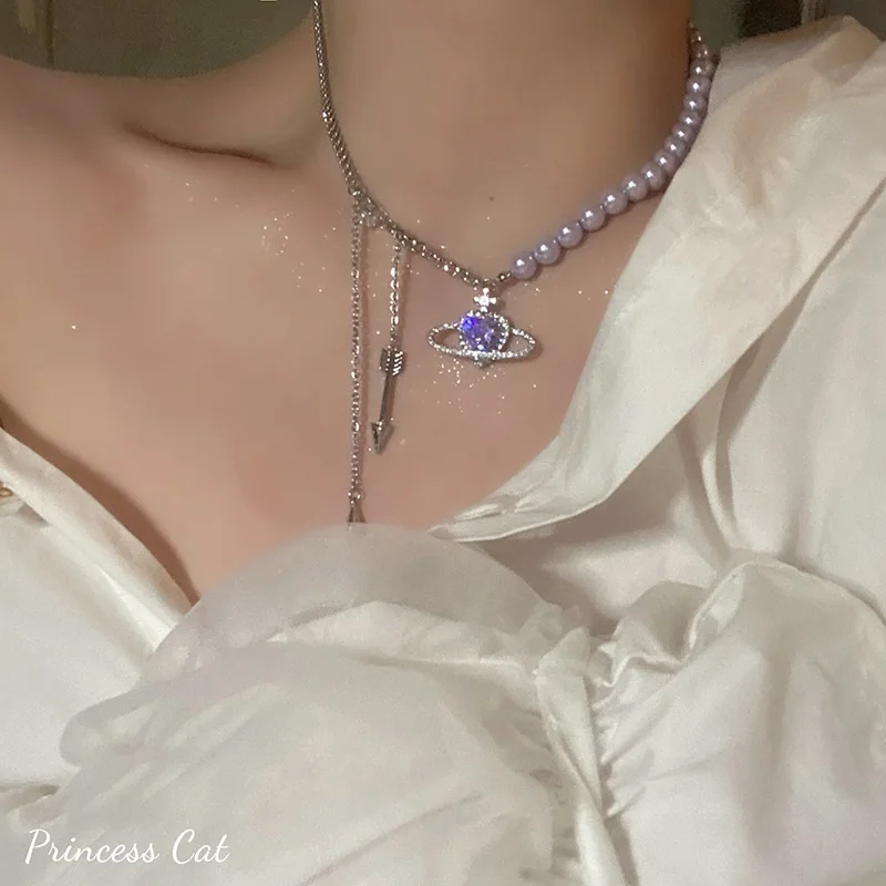 

A Purple Artificial Pearl Light Luxury Vintage Necklace Christmas Hot New In Saturn Accessories Girl's First Choice Jewelry Gift