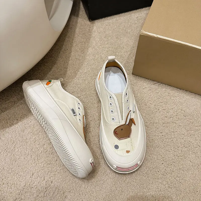 2023 new korean rabbit canvas shoes women's chunky platform trainers summer slip on sneaker woman designer preppy shoes loafers