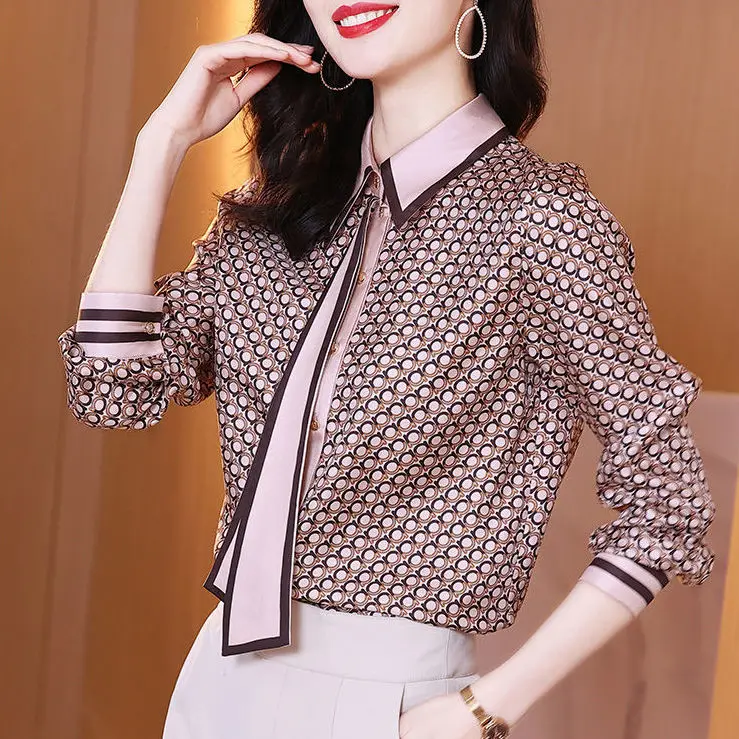 

Женская рубашка из искусственного шелка, Новинка весна-осень 2021, модная высококачественная повседневная блузка с принтом в западном стиле