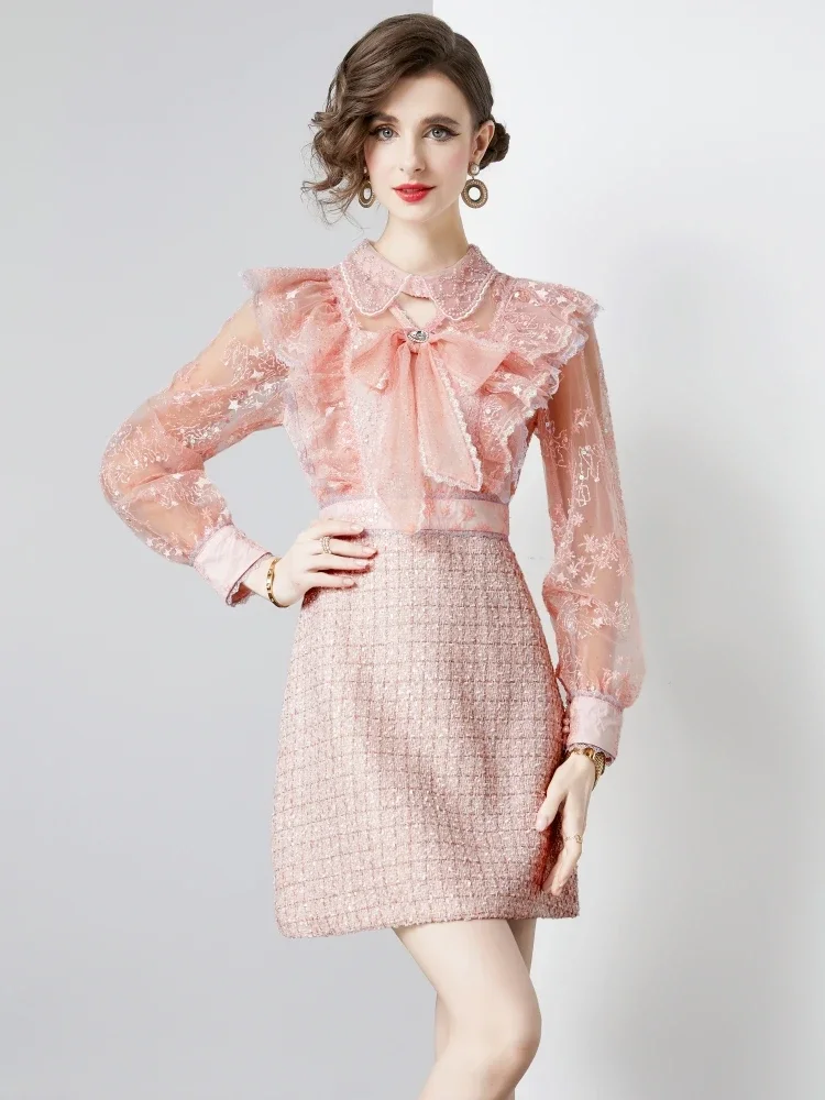 

Fashion Pink Mesh Flower Embroidery Patchwork Tweed Mini Dress For Women's Peter Pan Collar Deaded Party Woolen Mini Vestidos