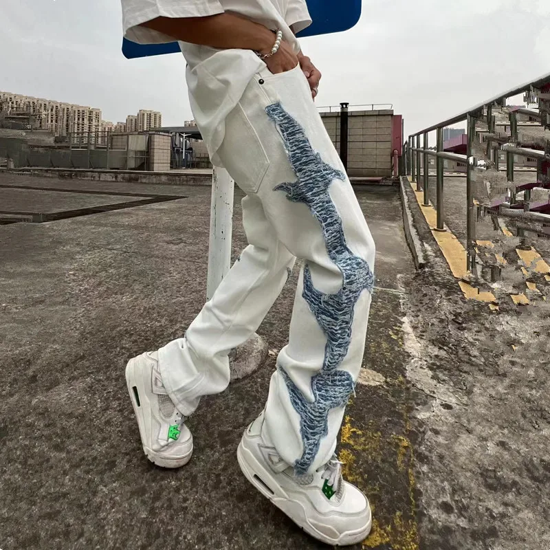 2022 Cool Design Patchwork White Cotton Men Baggy Jeans Pants Y2K Clothes Straight Hip Hop Punk Loose Denim Trousers Ropa Hombre