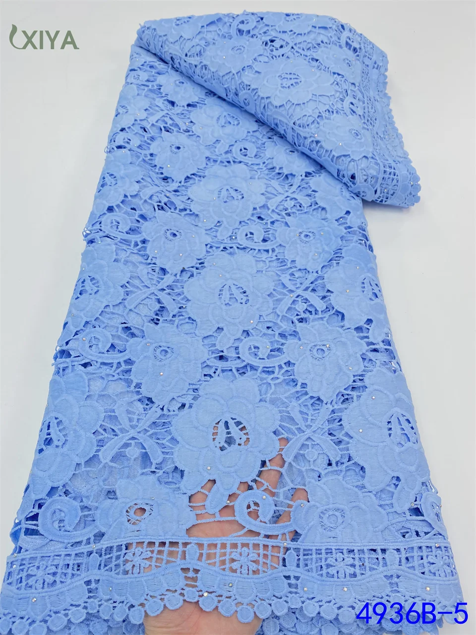 

XIYA LACE African Lace Fabric Milk Silk Lace Fabric with Stones Sky Blue Nigerian Tissue Cord Lace for Bridal Material APW4936B