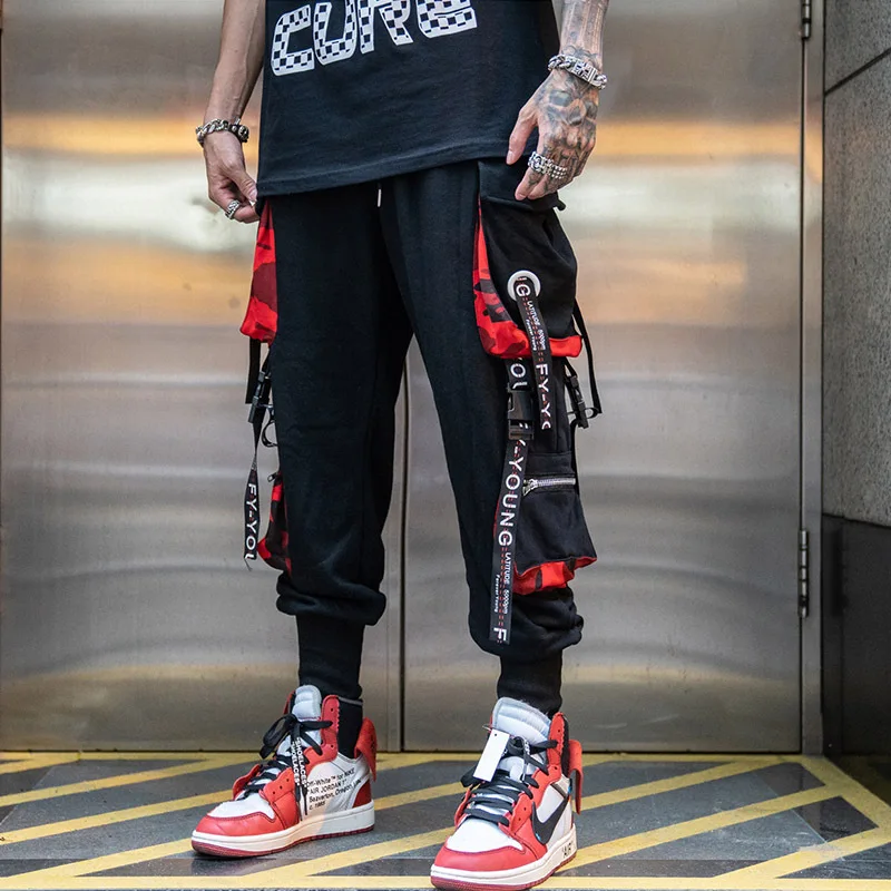 Men Hip Hop Black Cargo Pants Joggers Sweatpants Overalls Men Ribbons Streetwear Harem Pants Women Fashions Trousers