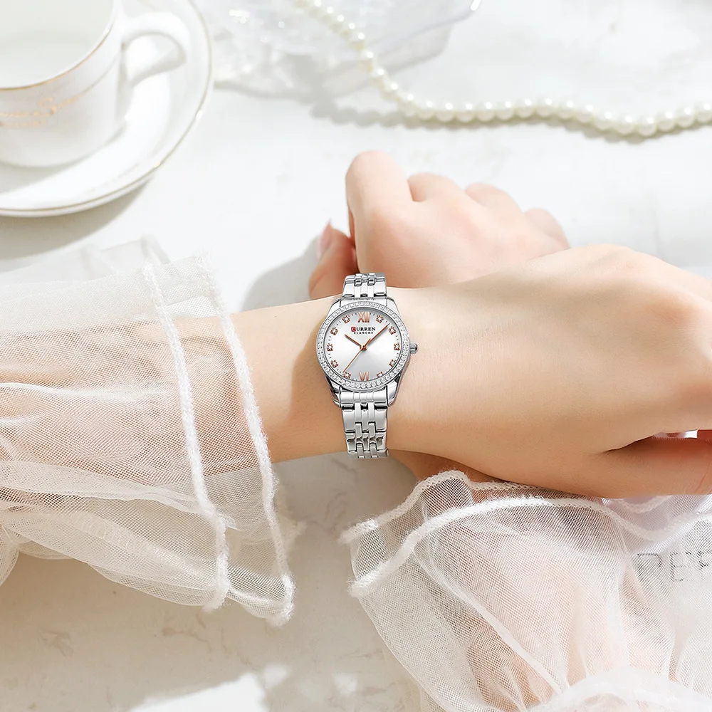CURREN Classy Dress Watches for Women Stainless Steel Band Clock Female Rhinestone Dial Slim Wristwatches Ladies