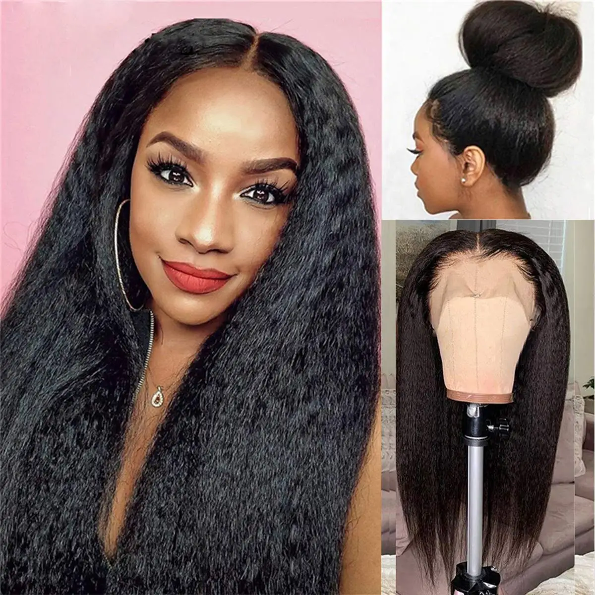 150% Density Yaki Straight Swiss Lace Front Human Hair Wig PrePlucked 13x4 Free Part Kinky Curly Lace Frontal Wig With Baby Hair