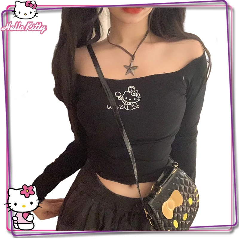 Sanrio Hello Kitty Cartoon Costume Y2K Women's Autumn New Long Sleeve T-Shirt Girl One Line Neck Long Sleeve T-Shirt Top Gift