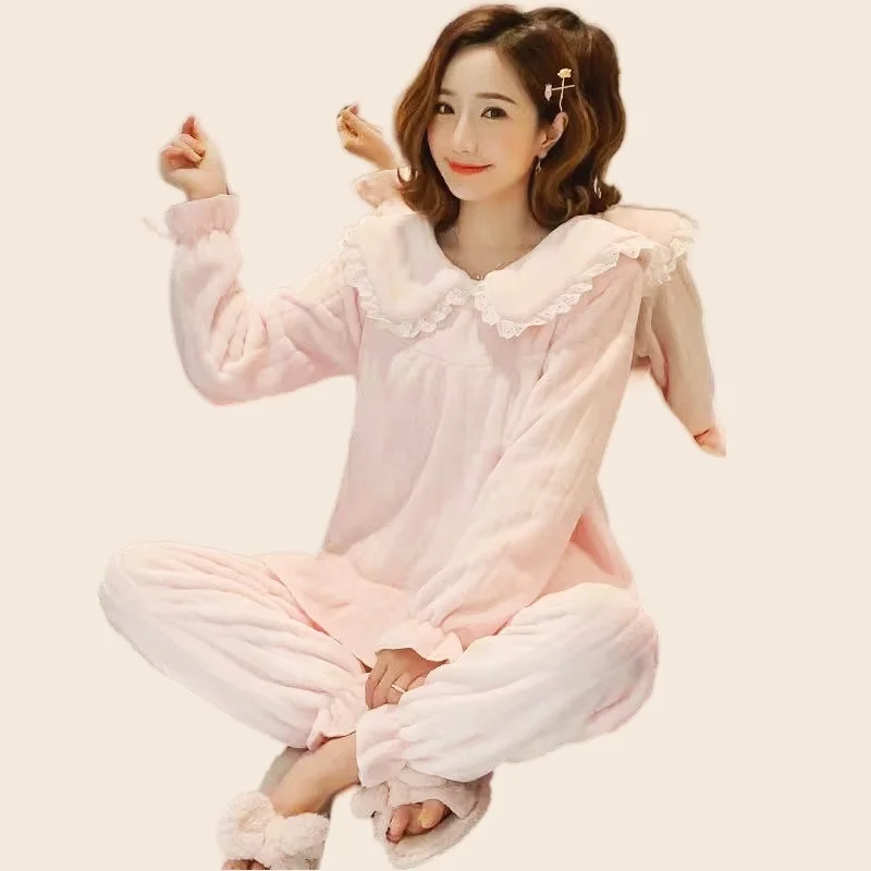 Women's Pajamas Set Princess Neck Full Sleeve Tops Long Pants 2Piece/Suit Winter Cute Pink Pyjama Big Size Cozy Warm Homewear
