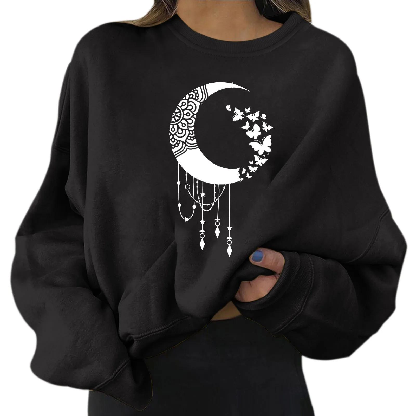 Забавный Женский пуловер в стиле Харадзюку 90-х с принтом Луны однотонный свитшот