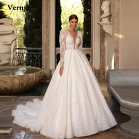 verngo new glitter a line wedding dresses puff long sleeves corset front sheer neck dubai luxury bridal gowns vestido de fiesta