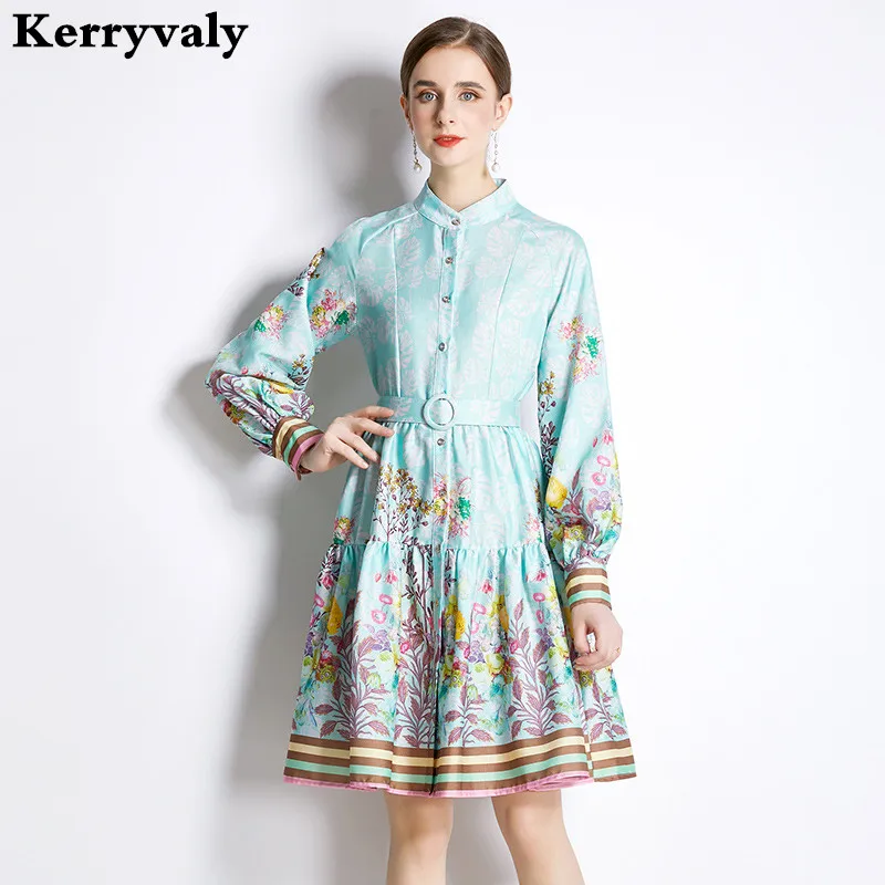 

Женское винтажное платье-трапеция с длинным рукавом, принтом и поясом