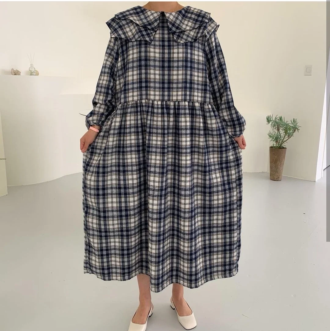 

WTIANYUW 2022 Новое корейское винтажное женское клетчатое свободное повседневное подиумное дизайнерское Праздничное Платье макси с отложным воротником и длинным рукавом
