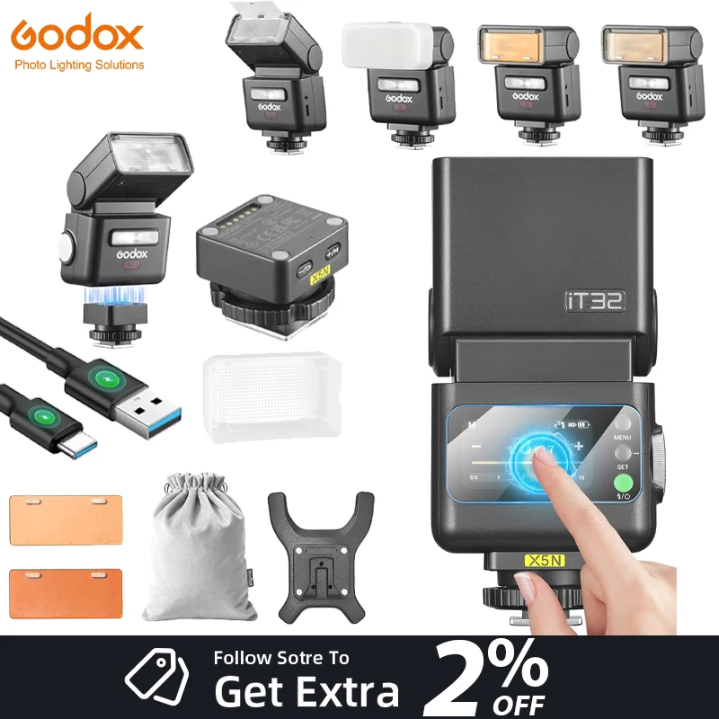 Фото Вспышка Godox iT32 iFlash для камеры TTL HSS с вращающейся головкой Speedlite X5 C/S/N/F/O/L, беспроводной TTL-триггер, магнитный крепеж, стеклянная пленка №1