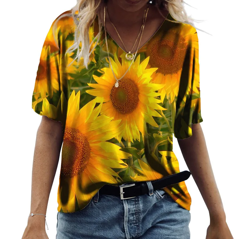

Summer Oversized Women T-Shirt Fashion Floral Printed V-Neck Short Sleeve Tees Ladies New Casual Sunflowers Loose T-Shirt Tops