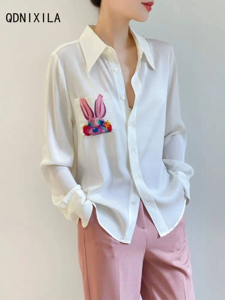 

Fashion Woman Blouse 2023 Cartoon Rabbit Head Patterned Satin Women's Shirt High Imitation Silk Fine Elegant Blouses for Women