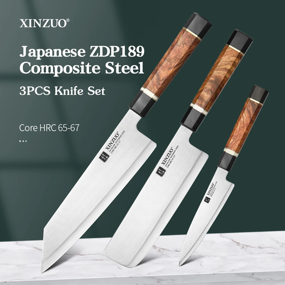 

XINZUO 3PCS Knife Set 65-67HRC Japanese ZDP189 Composite Steel Utility Nakiri Chef Knife Exquisite Gift Box Sharp Chef Knives