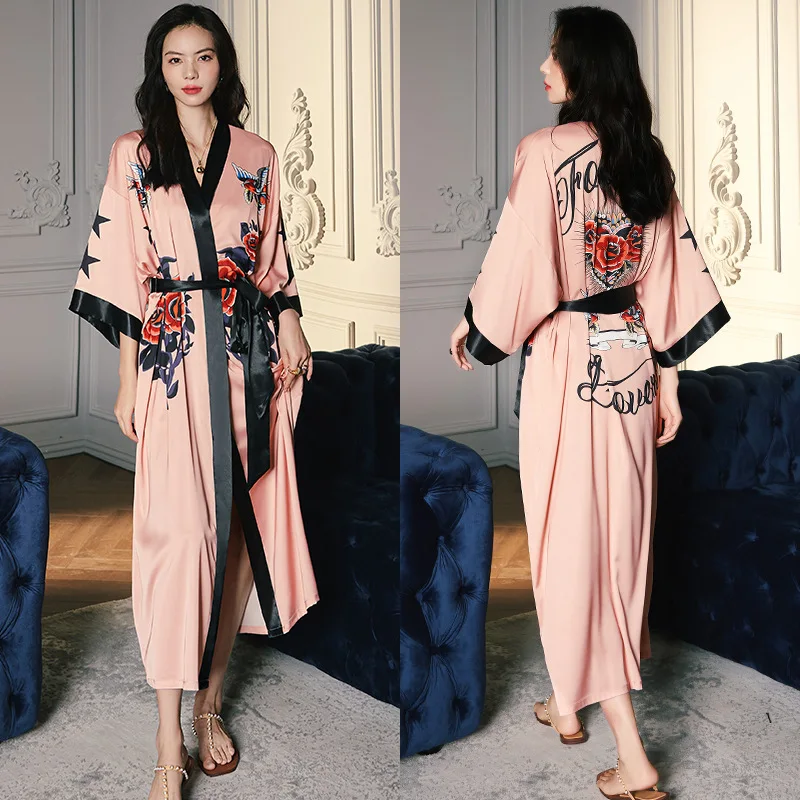QSROCIO High Quality Women's Pajamas Long Robe Floral Sleepwear Silk Like Sexy Bathrobe Homewear Luxury Nightwear peignoir femme