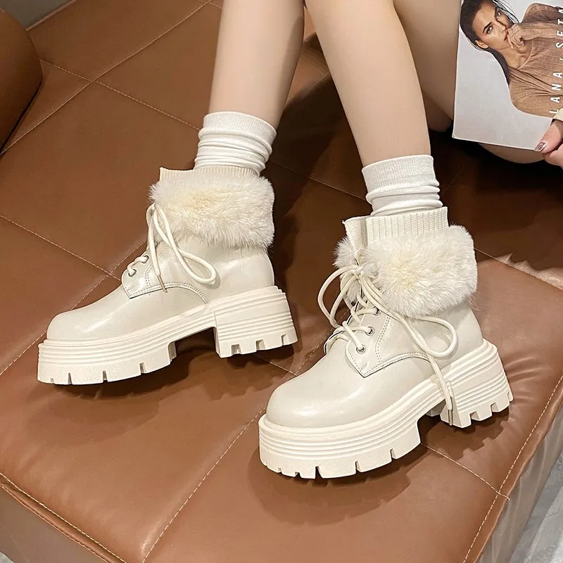 Wool Winter Keep Warm Snow Boots Full Grain Leather Round Toe High Heels Sheep Fur Lace Up Plus Size Ankle Boots Botas Mujer