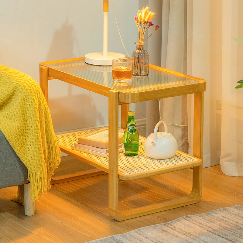 

Minimalist Wooden Rattan Glass Coffee Table Living Room Sofa Small Corner Several Small Apartment Bedside Glass bedside table