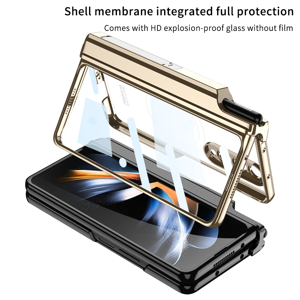 Electroplated Magnetic Hinge Pen Holder Case For Samsung Galaxy Z Fold 4 Case Wireless Charging With Glass Film Cover For Fold4