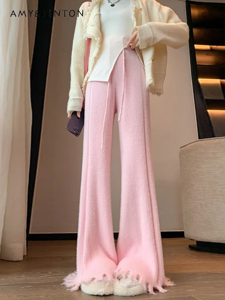 

Pink Mink Fur Knitted Wide-Leg Pants Women's Autumn and Winter High Waist Drooping Tassel Bootcut Trousers Casual Mop Pants