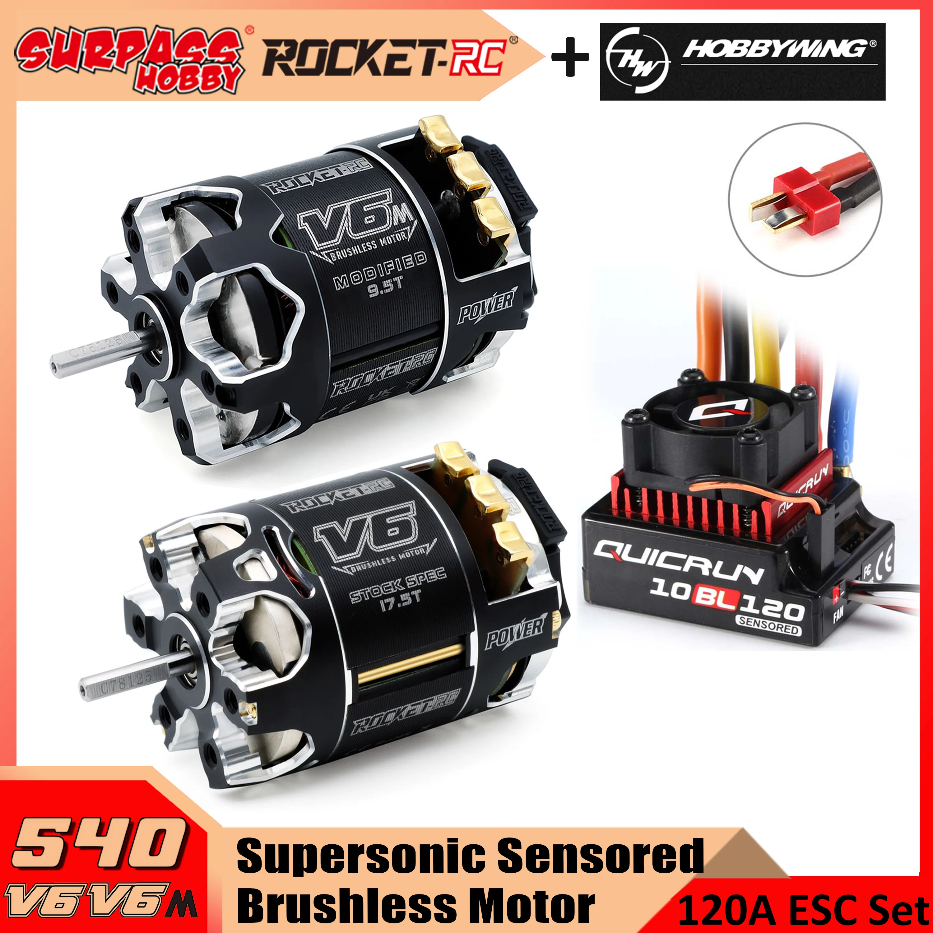 

Hobbywing QUICRUN 10BL120 120A ESC w/ ROCKET 540-V6/V6M Sensored Brushless Motor High Conductivity for 1/10 RC Car Models