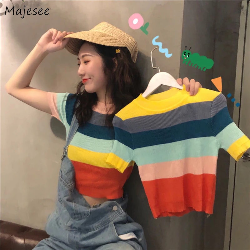 

Pullovers Women Slim Striped O-neck Thin Summer Korean Style Crop Kawaii Retro Harajuku College Young Stylish Mujer De Moda Ins