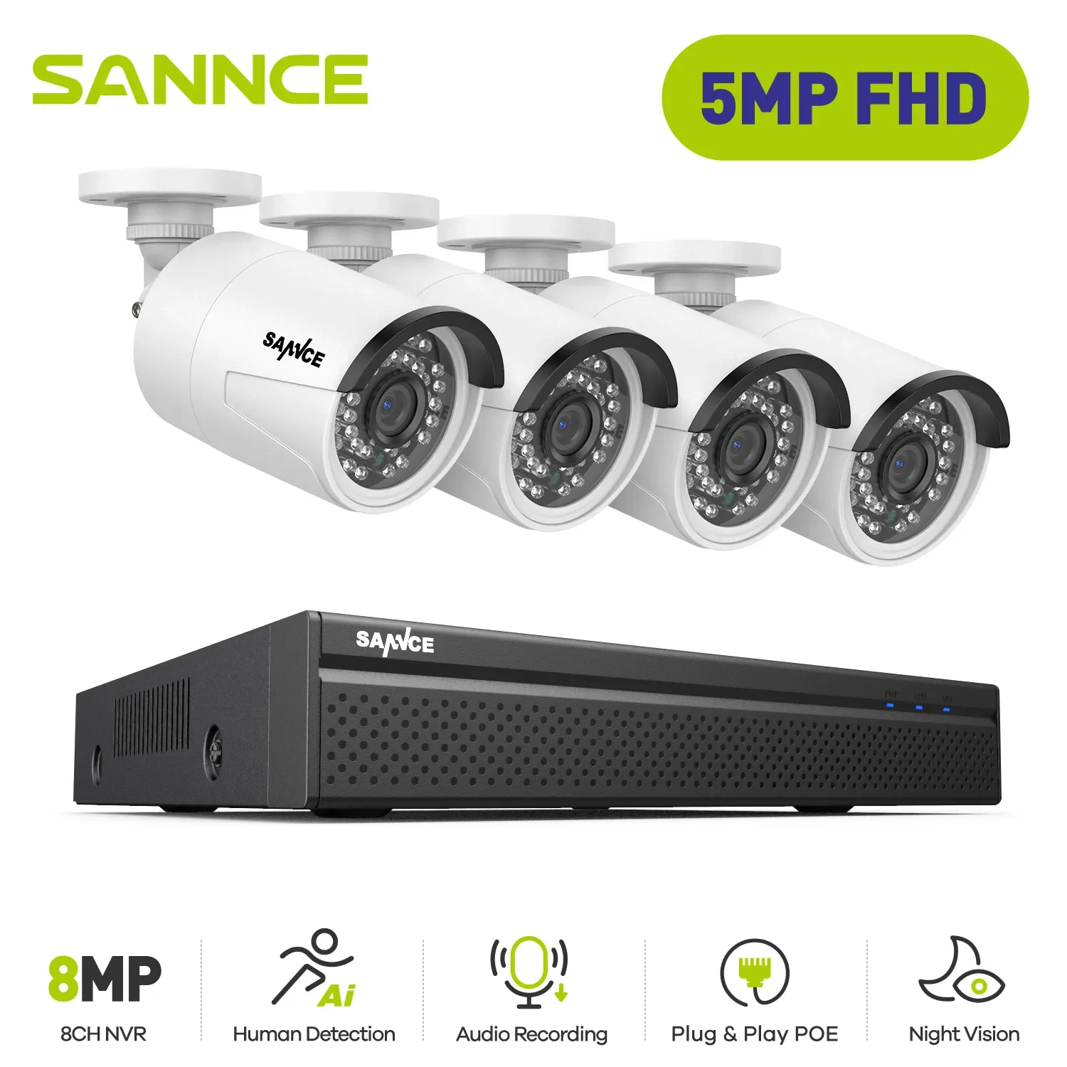 

NEW2023 SANNCE 5MP POE Video Surveillance Cameras System 8CH H.264+ 8MP NVR Recorder 5MP Security Cameras Audio Recording POE IP