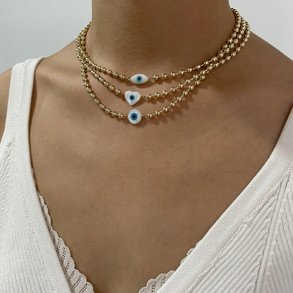 

Boho Heart Oval Round Evil Eye Shell Pearl Pendant Necklace Ladies Gold Choker Fashion All Matches Gifts