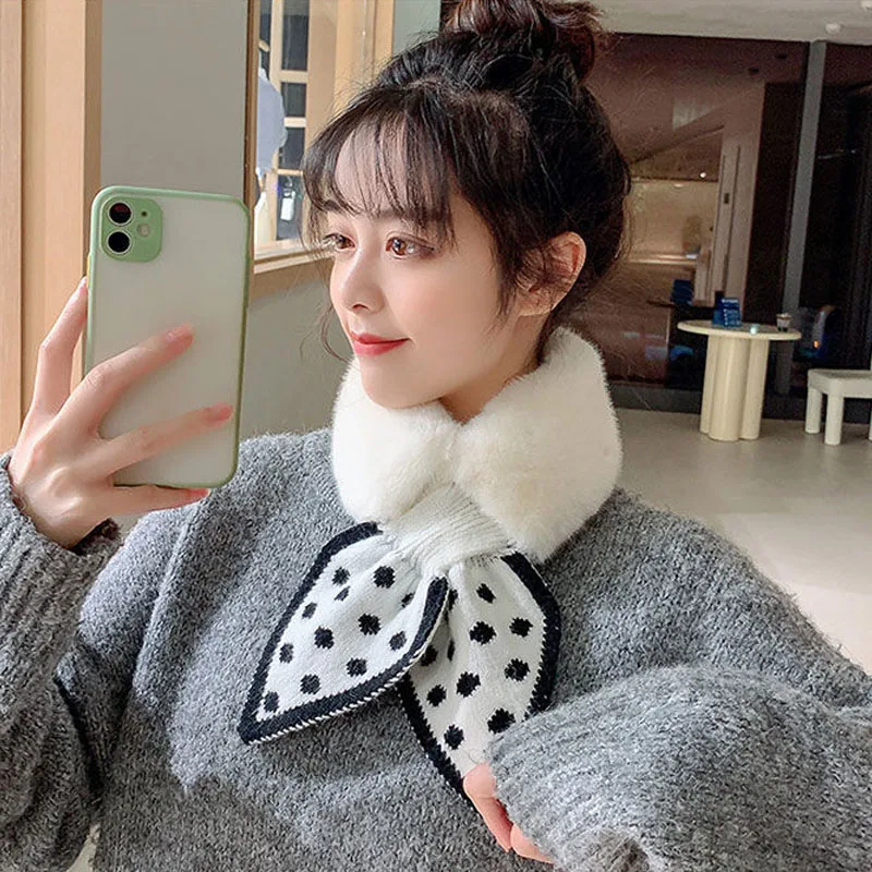 

Женский шарф с искусственным кроличьим мехом, женский шерстяной шарф с вышитым крестом, плюшевый снуд, женские теплые зимние шарфы, милый во...