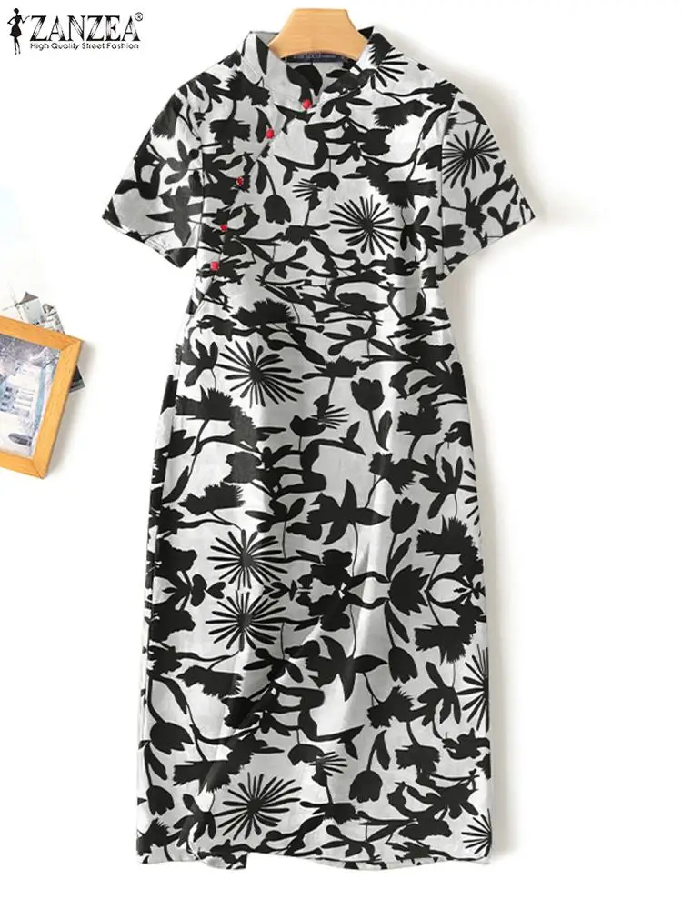 

ZANZEA Stand Collar 2023 Summer Sundress Floral Printed Women Lady Vintage Dress Fashion Short Sleeve Holiday Vestido Midi Dress