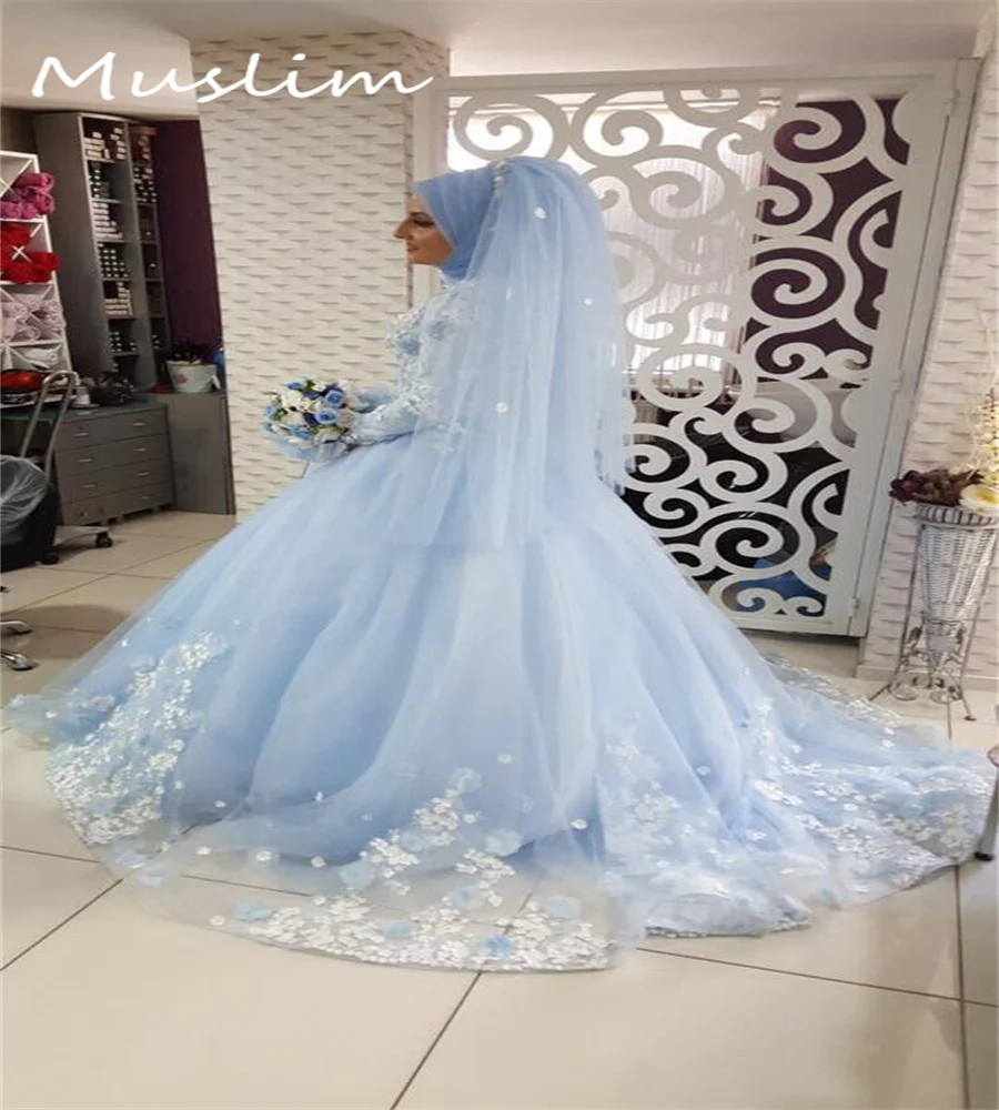 Роскошное синее мусульманское свадебное платье бальное Walima с длинным рукавом и
