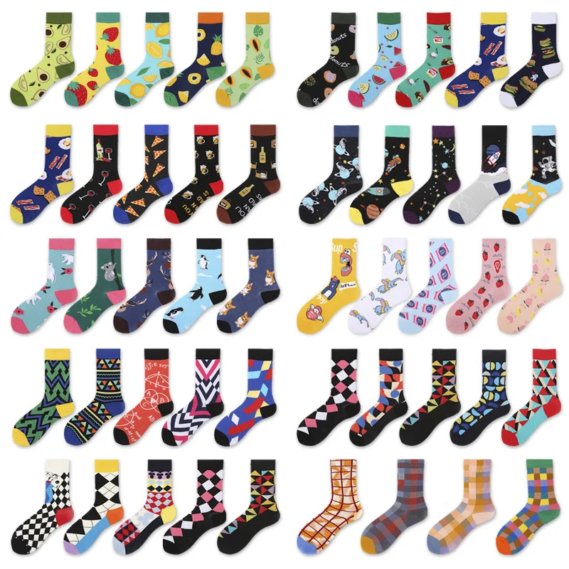 5 Pairs Women Men Fashion Happy Cotton Socks Funny Fruit Food Men Hip Hop Novelty Skateboard Crazy Long Casual Socks Calcetines