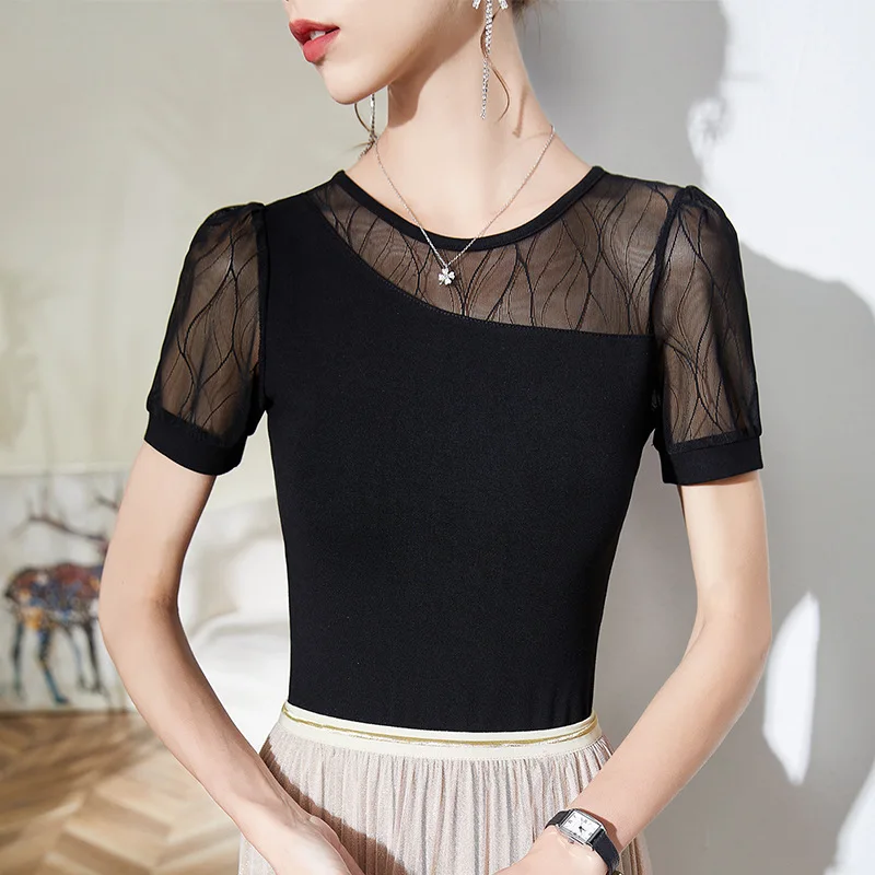 

Новинка 2023, летние сетчатые Топы с коротким рукавом, модная эластичная женская футболка с круглым вырезом, в стиле пэчворк, Черные блузы
