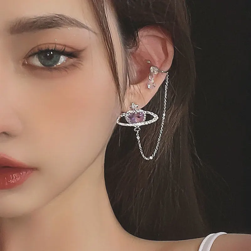 

Planet Saturn Dangle Tassel Earring Deluxe Shine Zircons Ear Clip Korean Fashion Crystal Love Heart Pendant Earrings Trend 2022