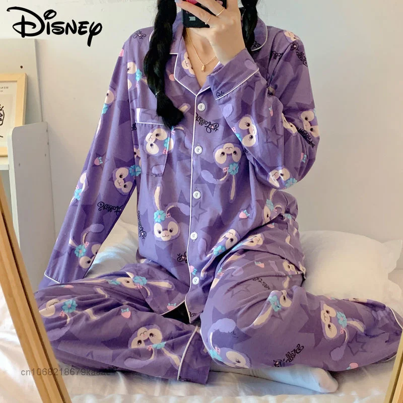 Disney Cartoon StellaLou Purple Home Clothes Spring Pajamas Set Cardigan Tops Wide Leg Pants 2 Piece Women Soft Sleepwear Suits