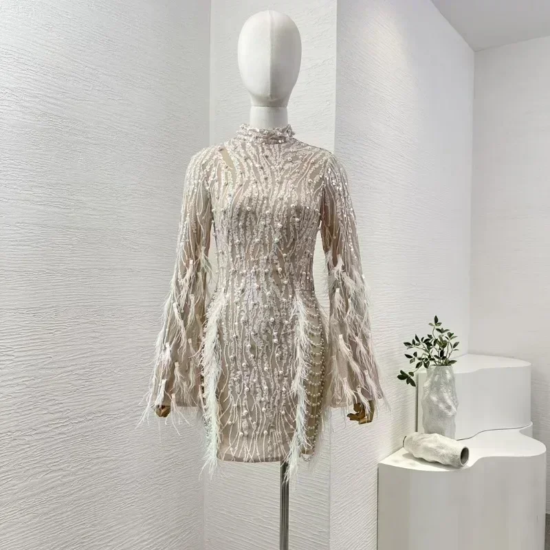 2024 новое летнее женское бежевое элегантное мини-платье с длинным рукавом и