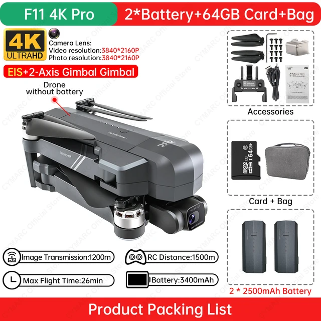 SJRC F11 Pro 4K GPS Wifi 2 batteries + Bag + 64Gb SD card