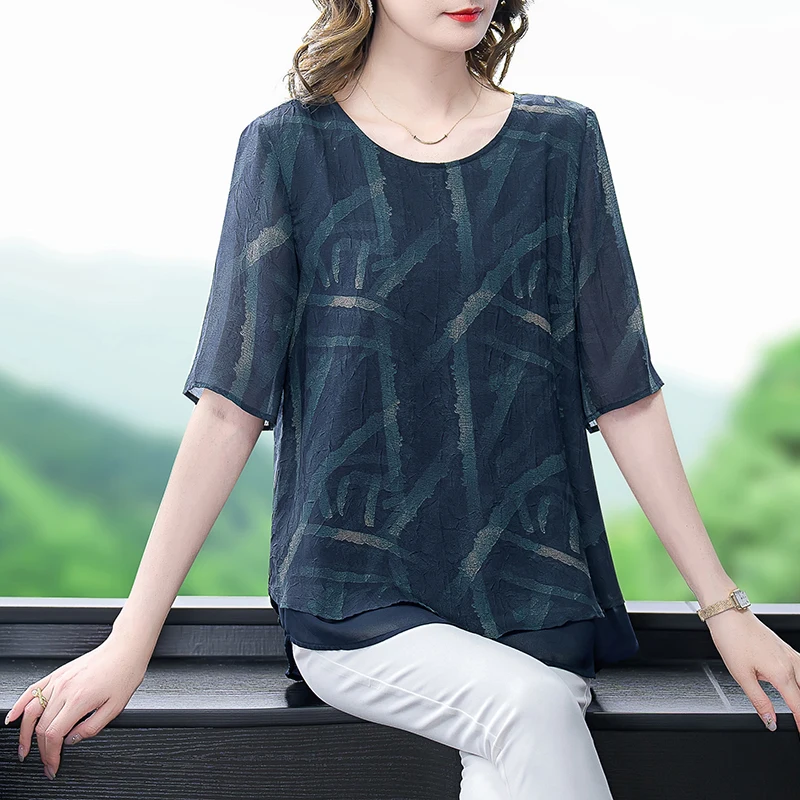 Блузка женская шифоновая с принтом Модная элегантная облегающая Повседневная - Цена: 1999