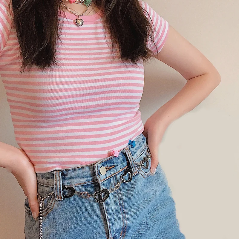 

Pink Striped TShirt Women Short Sleeve O-Neck Short Tops Cute Tee for Sweet Girl Kawaii Clothes