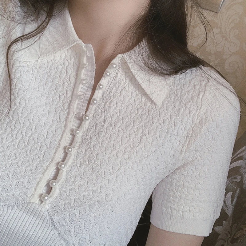 

White Shirts for Women Knitting T Shirt Chic Single Breasted Short Sleeve Tees Fashion Vintage Summer T-shirt 2023 Ropa Mujer