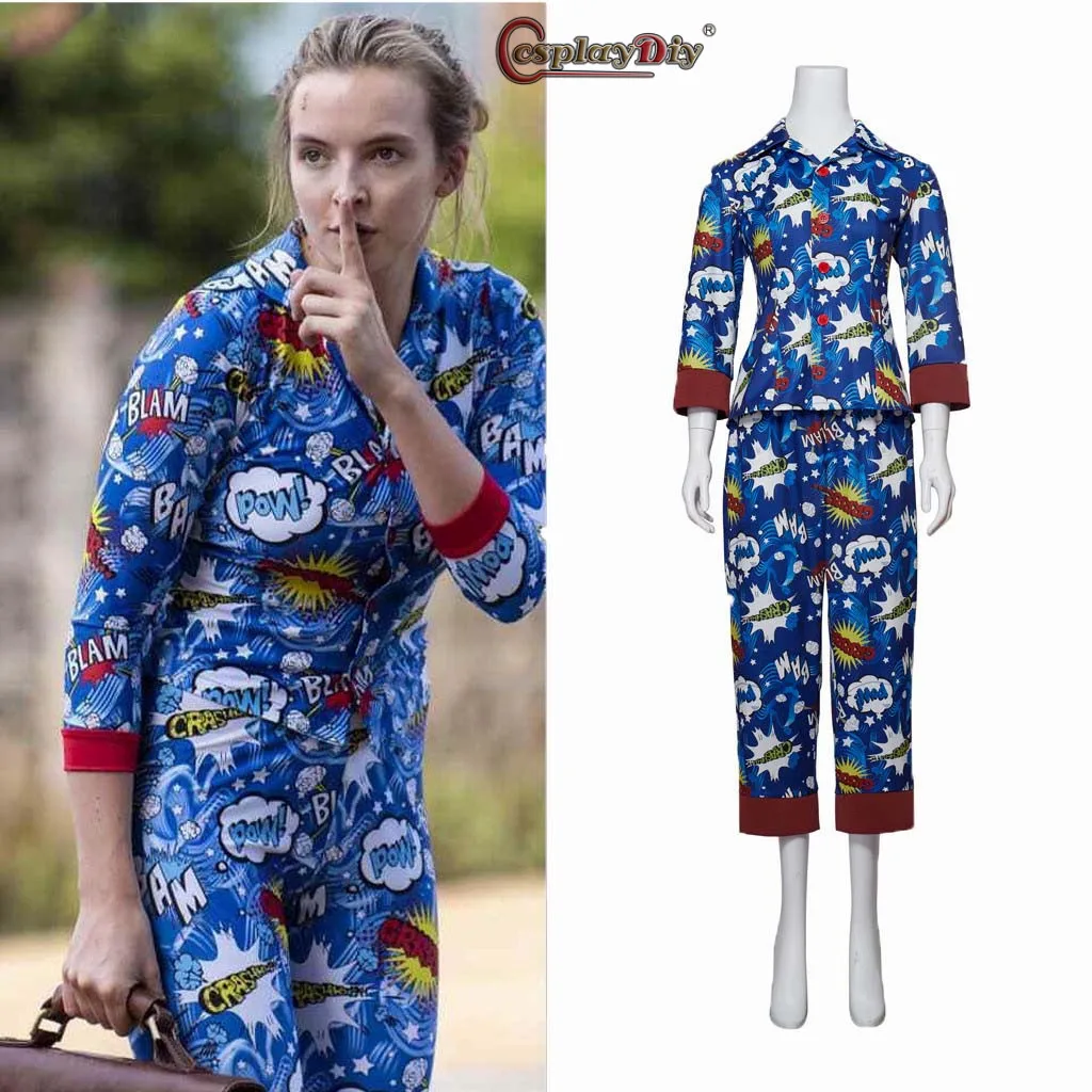 

Movie Killing Eve Cosplay Pajamas Jodie Comer Villanelle Costume Sleepwear Blue Printed 2 Pieces Suit Pyjamas Set Halloween Suit